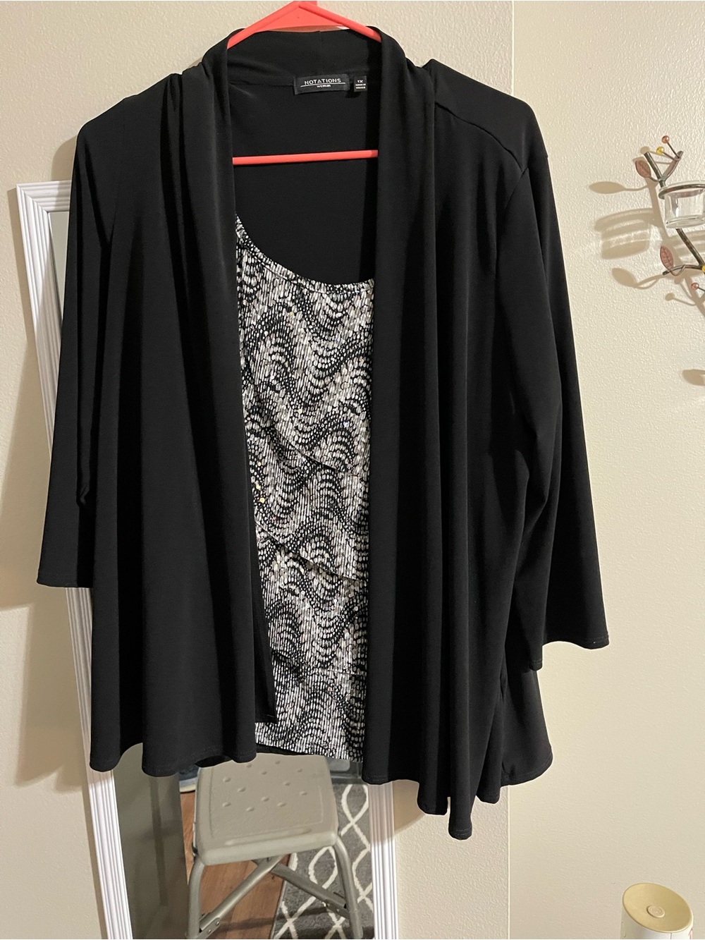 Alex Evenings Black Open-Front Cardigan with Black-and-White Patterned Shell